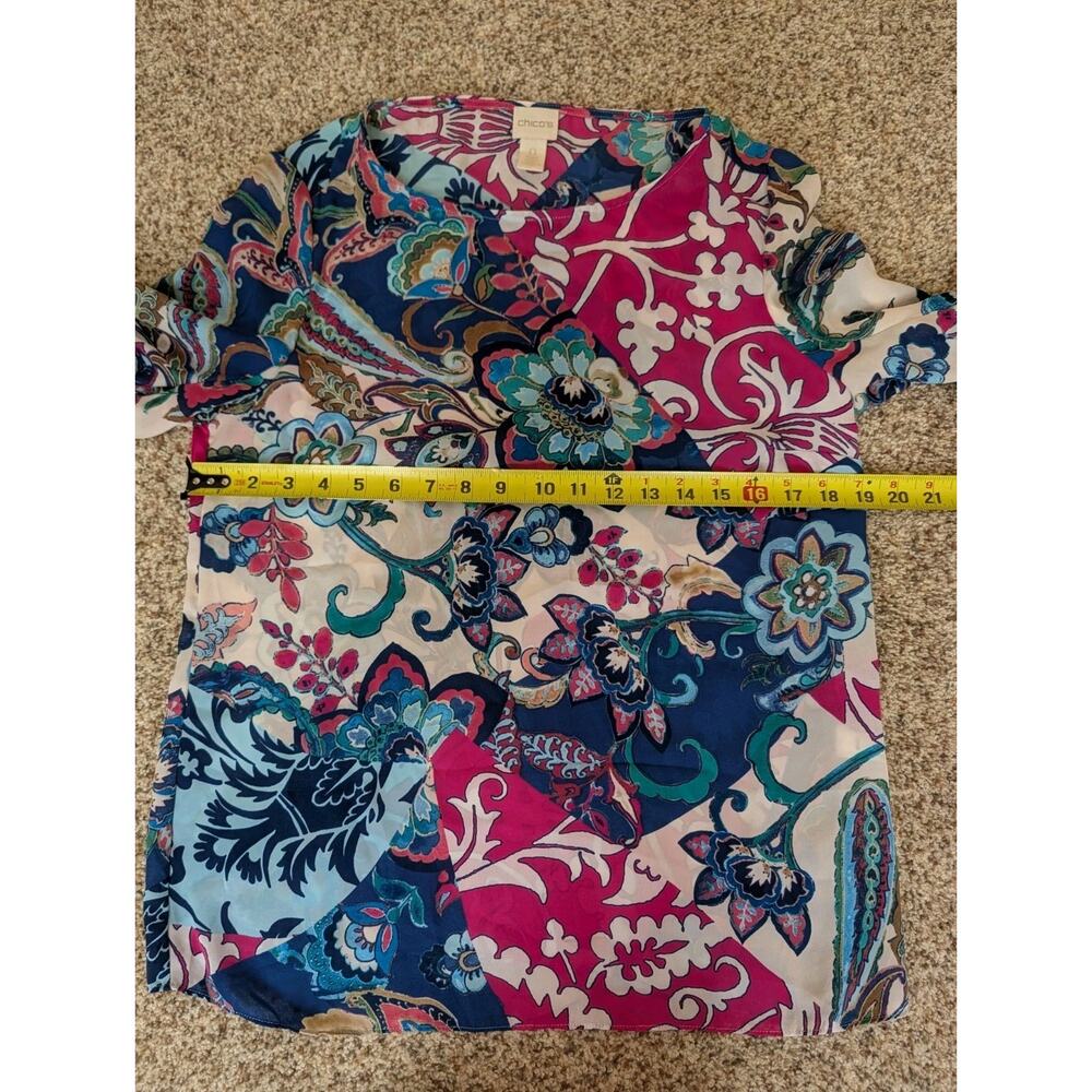 Chicos Womens Blouse Size 0 Small Blue Pink Floral Bell Sleeve Colorful - Picture 8 of 11